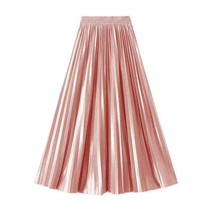 High Waist Satin Pleated Skirt 1 Meter Long Floor Length Pearl Glitter A- Line Umbrella Half Body Skirts Polyester Fiber