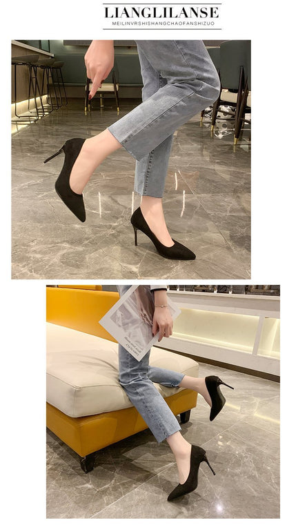 High Heels Women's New Women's Shoes Pointed Shallow Mouth Single Shoes Fine Heel Suede Black Fashion Shoes Women Large Size