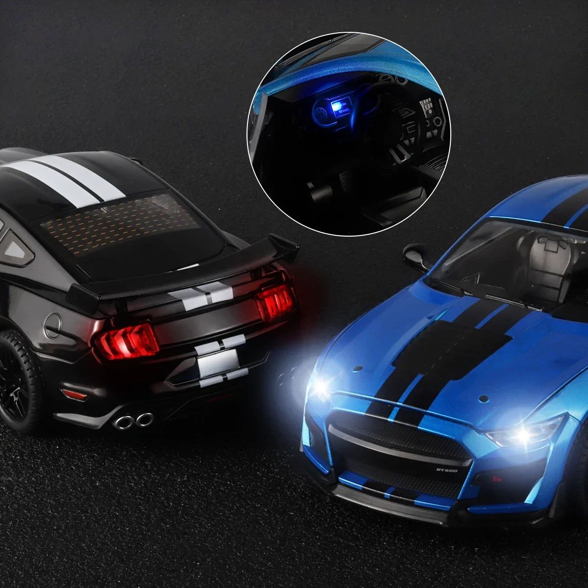 Miniaturas grandes de Ford Mustang GT500 1:18, veículo de liga fundido em metal, modelo colecionável, brinquedos com luz e som, carro de presente para crianças e meninos