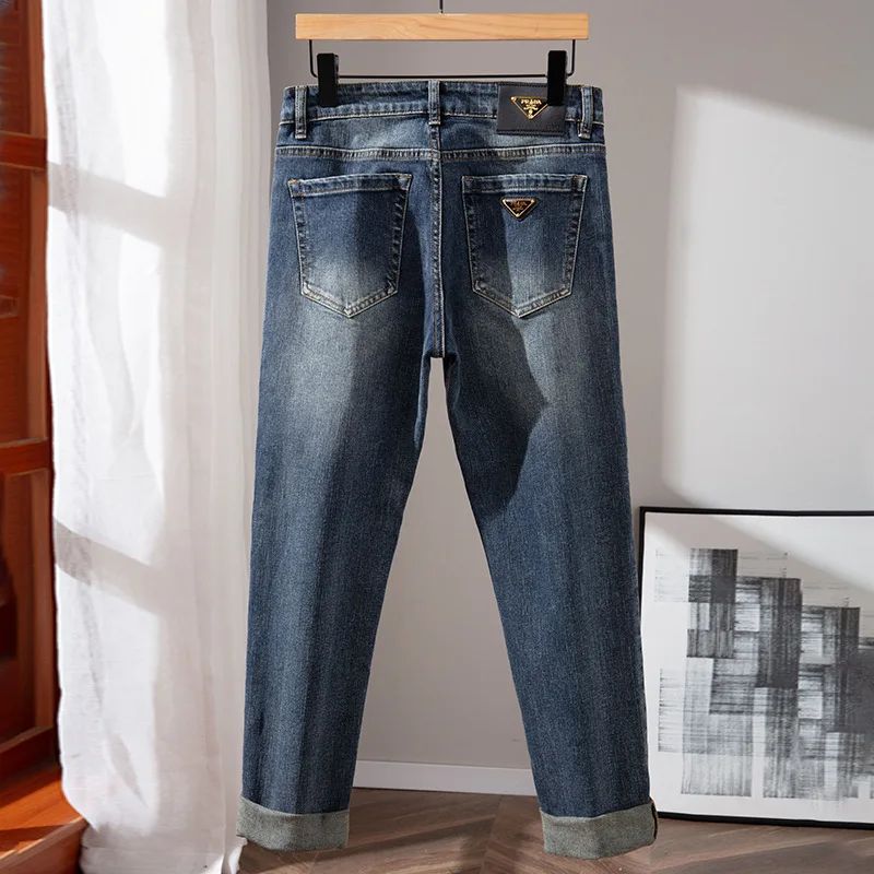 Milão Qualidade Premium Europeia Outono/Inverno Calças Jeans Masculinas Emagrecem Sua Silhueta Solta Reta Elástica Vintage