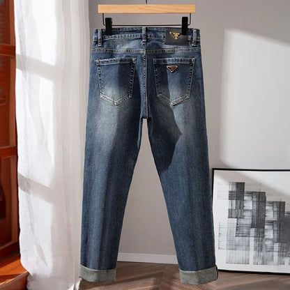 Milão Qualidade Premium Europeia Outono/Inverno Calças Jeans Masculinas Emagrecem Sua Silhueta Solta Reta Elástica Vintage