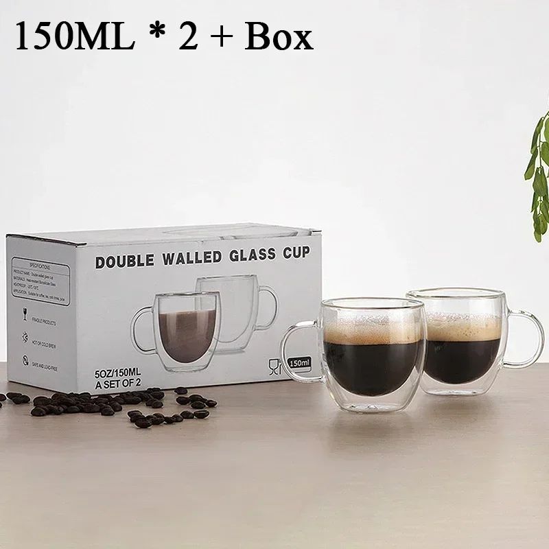 Caneca transparente de parede dupla 2-6 peças Copo de café e leite de vidro borossilicato alto resistente ao calor para casa e escritório