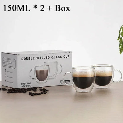 Caneca transparente de parede dupla 2-6 peças Copo de café e leite de vidro borossilicato alto resistente ao calor para casa e escritório