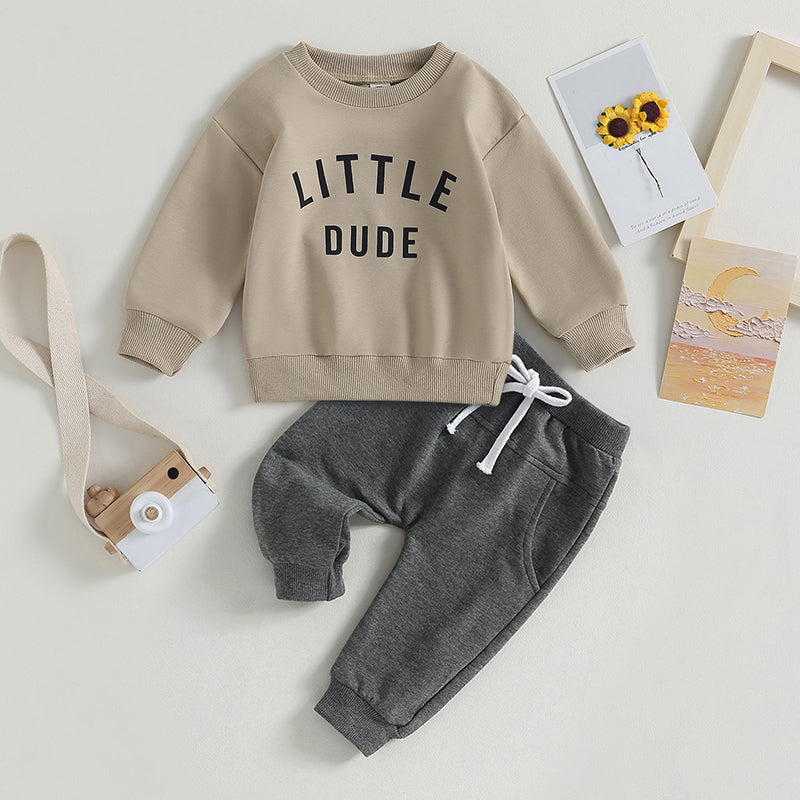Roupas de Outono Inverno para Bebês Meninos, Conjunto de 2 Peças de Moletom de Manga Comprida com Estampa de Letra "Little Dude" e Calças