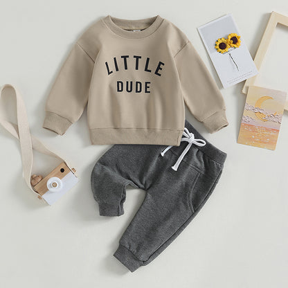 Roupas de Outono Inverno para Bebês Meninos, Conjunto de 2 Peças de Moletom de Manga Comprida com Estampa de Letra "Little Dude" e Calças