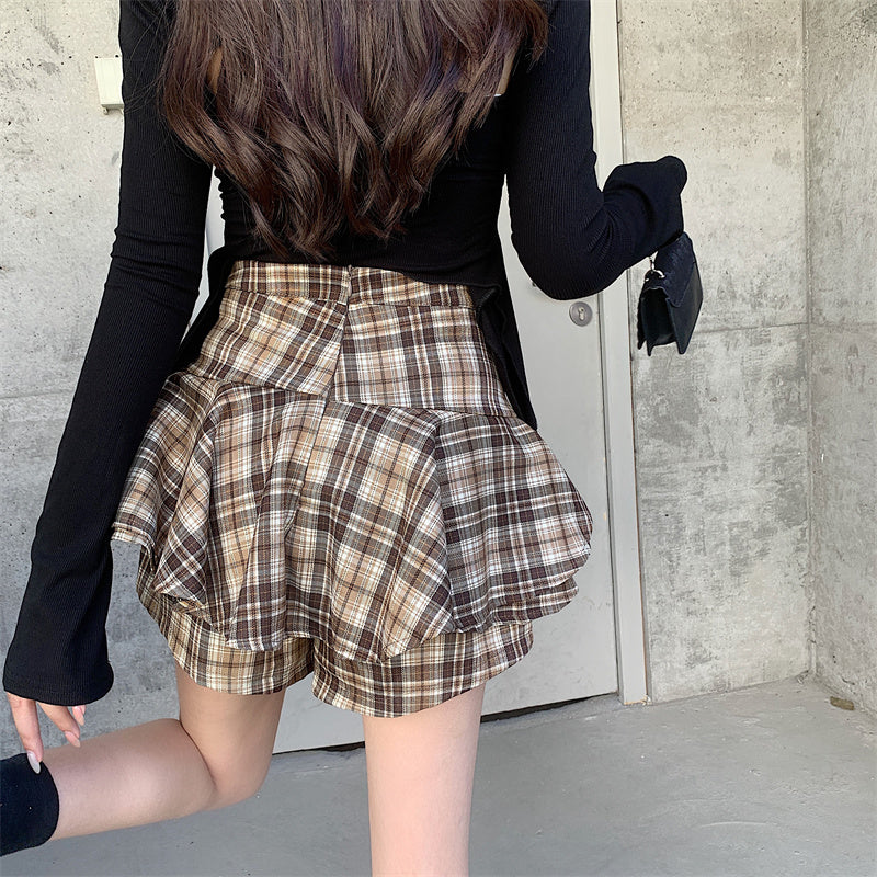 Tiered Mini Skirt Y2K High Waist Tartan Ruffled Plaid Skirt Skort Women Aesthetic Outfit