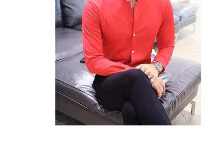 Black Men Long Sleeve Shirt, White Single Breasted Collar Stretch Shirts, Red Fashion Slim Top,Asian Size M-5XL(Korean Slim Fit)