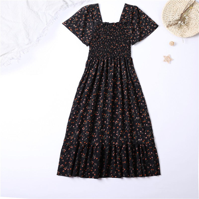 Spring Summer Chiffon Dress Women Midi DressesFemale Short Sleeve Elastic Waist