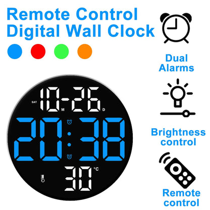 10inch LED Large Digital Wall Clock with Dual Alarms Calendar and Temperature Display Brightness Adjustable Countdown Home Clock