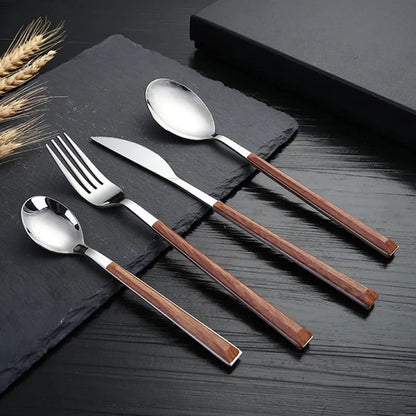 Conjunto de Talheres de Aço Inoxidável com Cabo de Madeira Falsa 16 Peças, Prendedor de Louça, Talheres Ocidentais, Faca Garfo Colher de Chá, Prateados