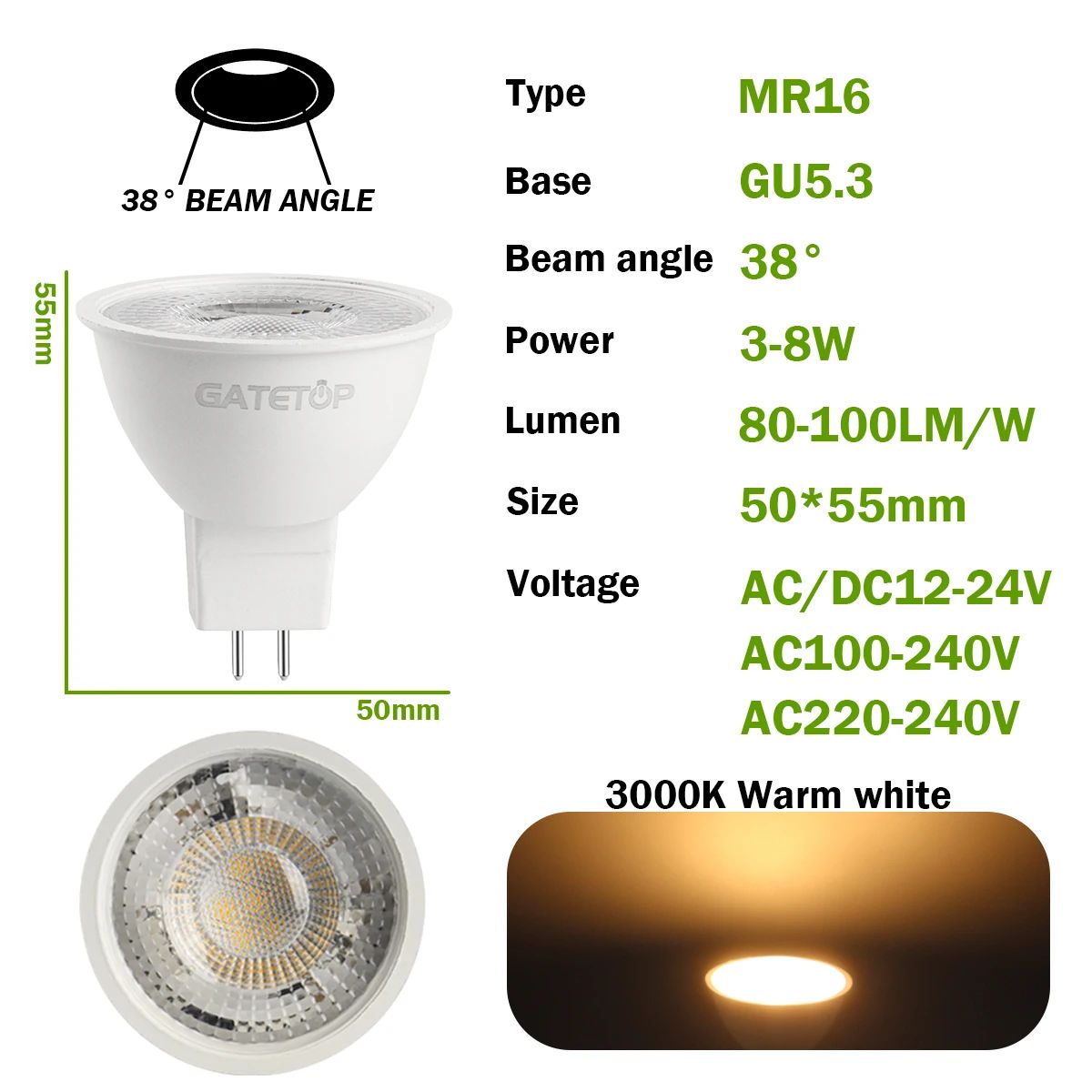 10PCS MR16 LED Spotlight Bulb GU5.3 Lampada AC 110V 220V 12V Bulbs Spot Light Replace The 50W Halogen Lamp Home Direction