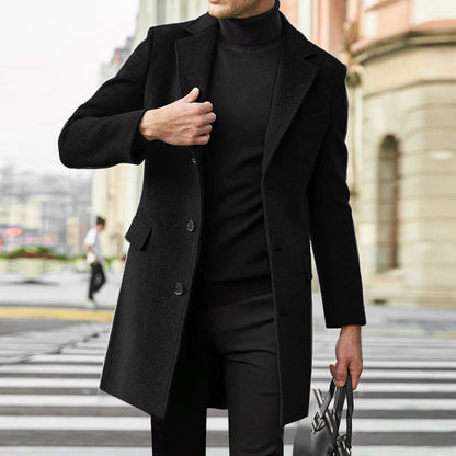 Men's British-style Woolen Overcoat in Korean Version, Fashionable Single-breasted, Mid-to-long Style Coat for Autumn and Winter