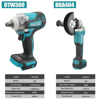 Makita DTW300 + DGA404 Combo: Chave de Impacto 18V (580Nm, 3800RPM), Esmerilhadeira Angular (680W, Disco 125mm) - Kit de Ferramentas Multiuso para Reparos