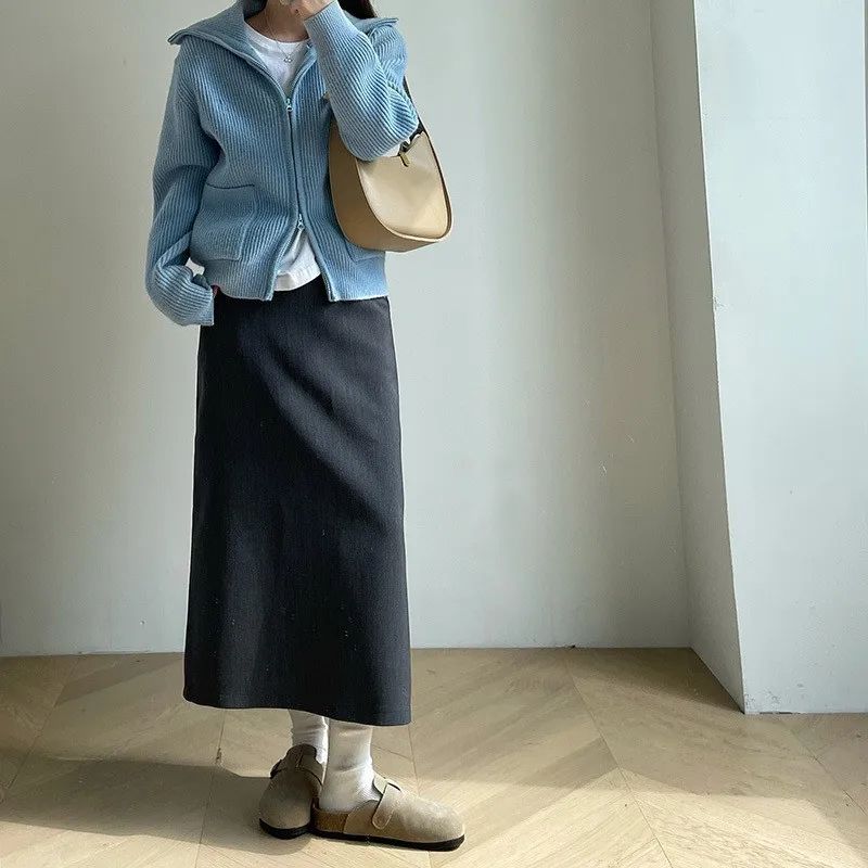 Sweater Coat Skirts 2024 Autumn and Winter New Gray Back Slit Suit Skirt Skirt