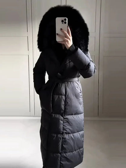 Casual Lace Up Women's Thicken Cotton Jacket Hooded Faux Fur Collar Zipper Long Coats Lady 2025 Winter Chic Female Street Coat