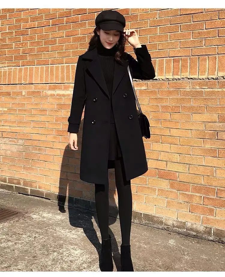 Plus Size Black Woolen Coat 2025 New Style Women's Autumn Winter Professional Mid-Length Trendy Polyester Fiber Suit Collar F...