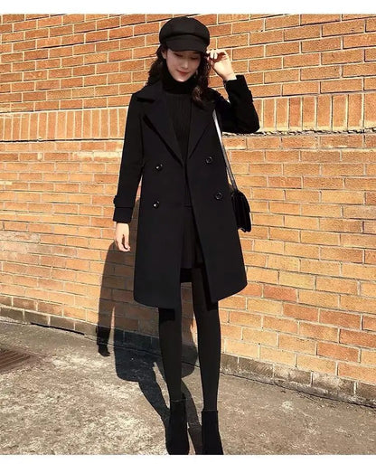Plus Size Black Woolen Coat 2025 New Style Women's Autumn Winter Professional Mid-Length Trendy Polyester Fiber Suit Collar F...