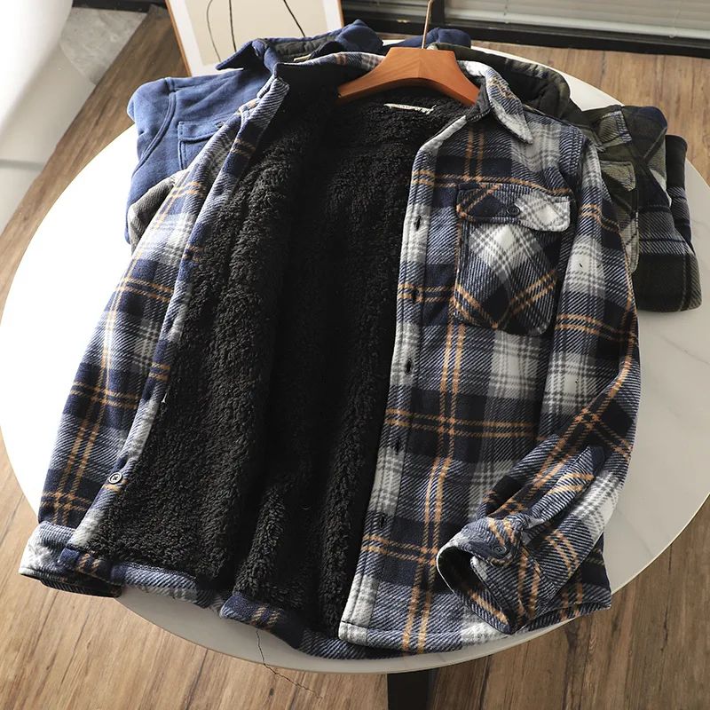Mens Winter Fleece Linend Warm Plaid Shirt Jacket Casual Long Sleeve Flannel Checked Shirt Men Western Cowboy Button Up Tops