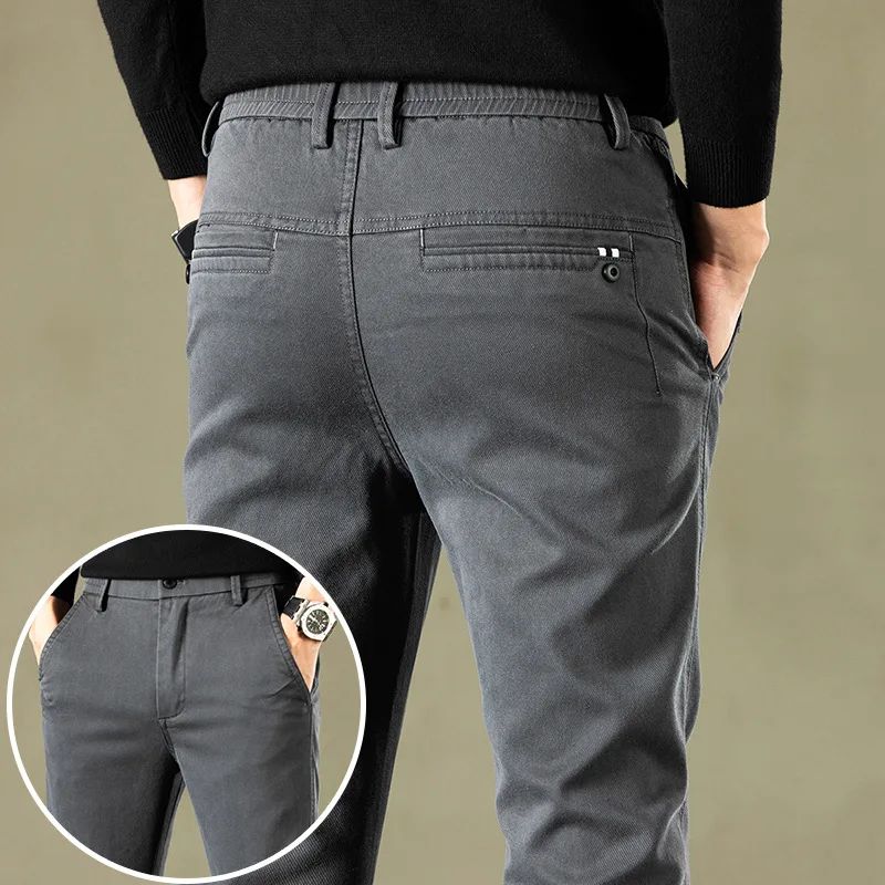 2024 Primavera Novas Calças Casuais Masculinas Marca de Roupas Negócios Cintura Elástica Grossa Clássica Slim Calça Masculina Preto Cinza Marrom