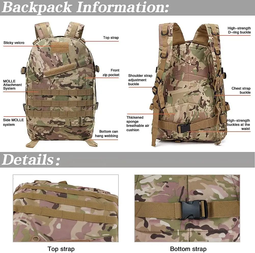 Mochila Tática 3D 50L para Atividades ao Ar Livre Molle Assault Bag à Prova D'água para Caça Escalada Caminhada Pesca Trekking Viagem