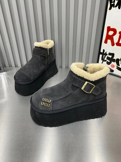 2024 New Fur Platform Women Ankle Boots Flats Suede Warm Shoes Woman Trend Designer Brand Short Plush Cozy Femme Snow Botas