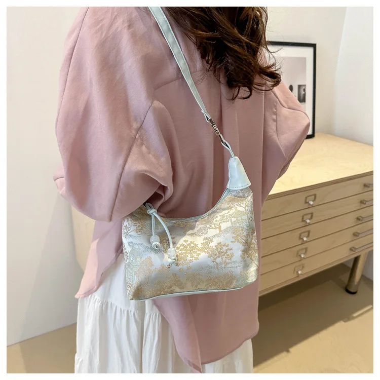 Sweet Embroidery Shoulder Bag Nylon Texture Pearl Pendant Crossbody Bag Small Bucket Handbag Women Canvas Luxury Cheongsam Bag