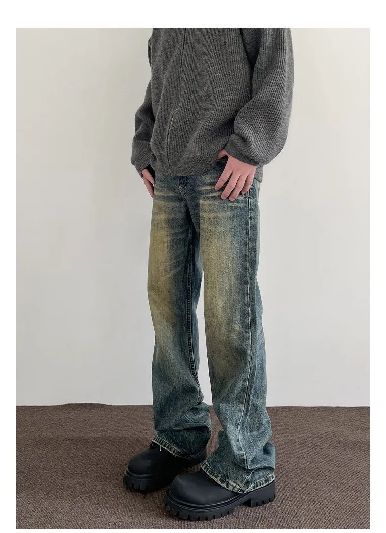 Vintage American Style Men's Straight-Leg Slimming Long Jeans Distressed Washing Denim Pants Trendy Brand Bootcut Pants