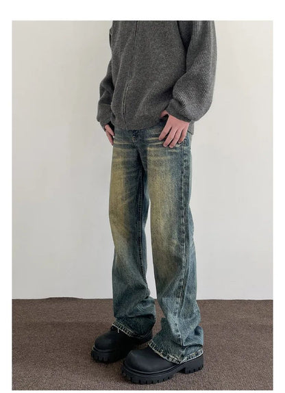 Vintage American Style Men's Straight-Leg Slimming Long Jeans Distressed Washing Denim Pants Trendy Brand Bootcut Pants