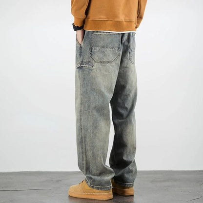 Calça Jeans Masculina Retrô Cargo Reta Cowboy Punk Lavada Grife Luxuosa Tendência 2025 Y2k Vintage Estilo Coreano Larga