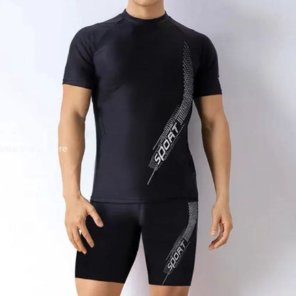 Men Swimsuit O-Neck Short Sleeve Mid-rise Swimming Suit Printing Slim Fit T-shirt Swimming Trucks Set Beachwear