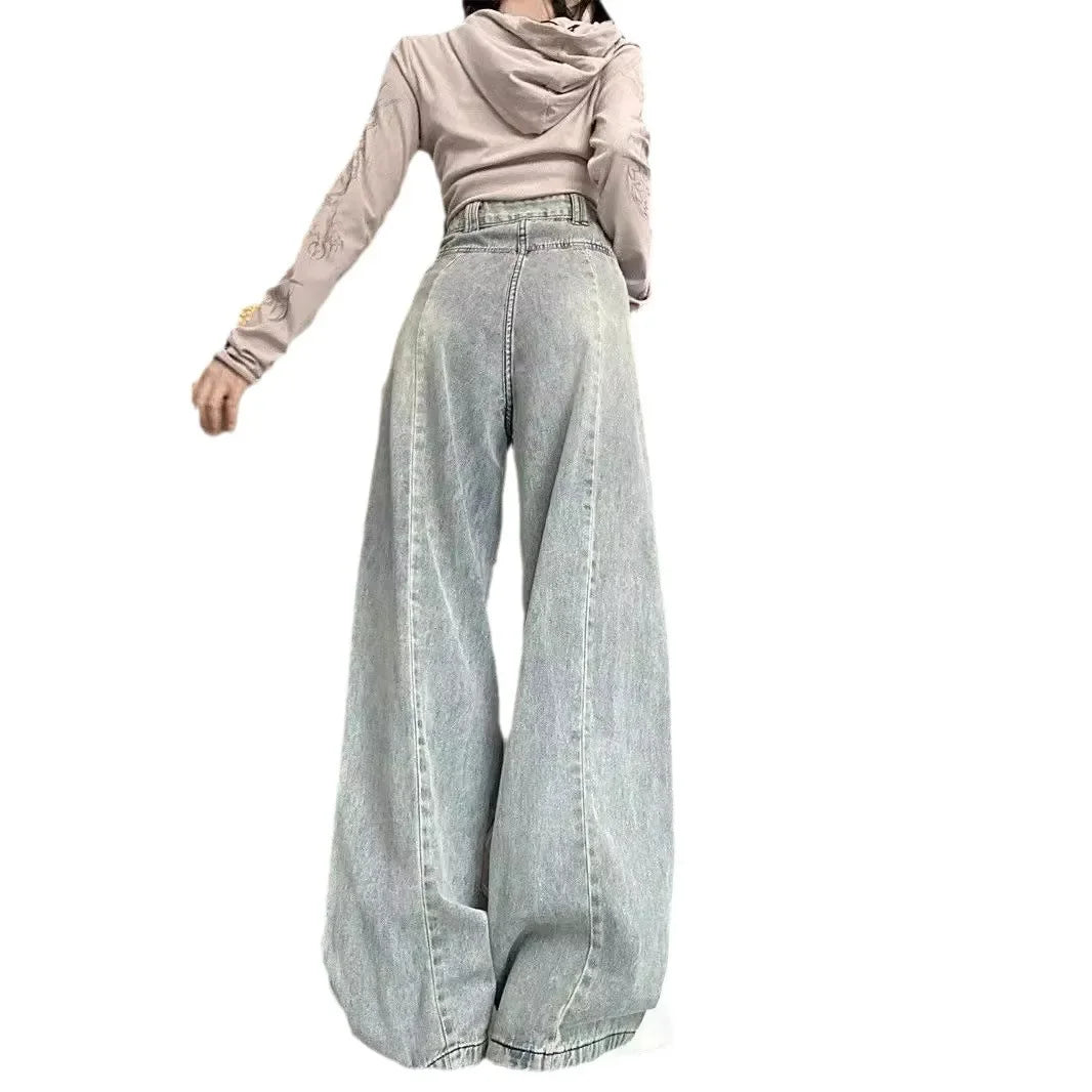 Vintage Light Blue Rugged Jeans Women's Loose-fit High-waisted Slimming Straight-leg Denim Trousers New Autumn Collection