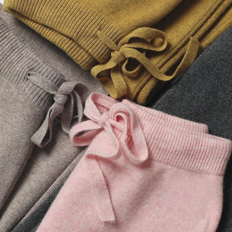 Spring Autumn Women High Waist Wool Wide Leg Pants Solid Soft Warm 100% Merino Wool Knitted Trousers Belt Casual Korean Fashion