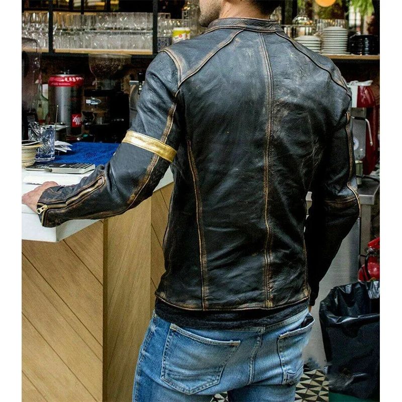 Slim Faux Leather Zipper Cardigan Coat Jacket Vintage Printed Long Sleeve Men Stand Collar Autumn Winter New Motorcycle Jacket