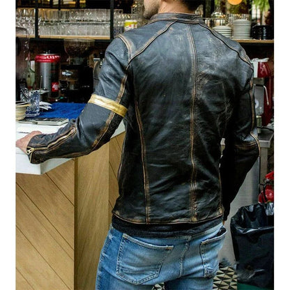 Slim Faux Leather Zipper Cardigan Coat Jacket Vintage Printed Long Sleeve Men Stand Collar Autumn Winter New Motorcycle Jacket