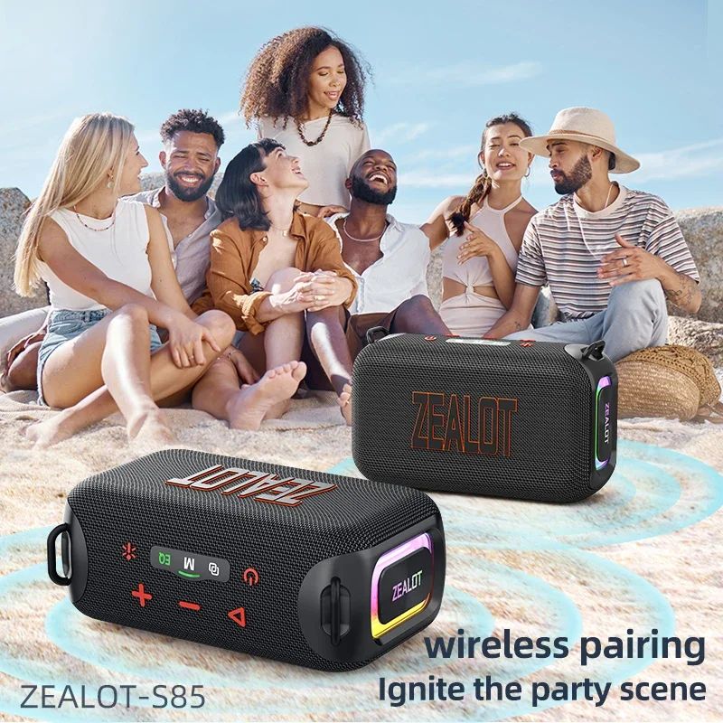 Caixa de som Bluetooth portátil 3D Zealot-S85 50W com diafragma duplo e alça à prova d'água IPX6 para ambientes externos