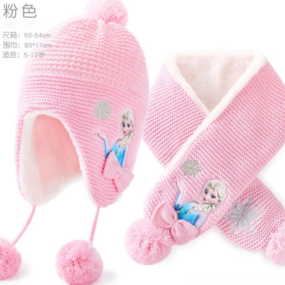 Conjunto infantil de gorro de lã e cachecol com animação da Elsa de Frozen da Disney, desenho animado, inverno, forro de veludo, espesso para manter aquecido