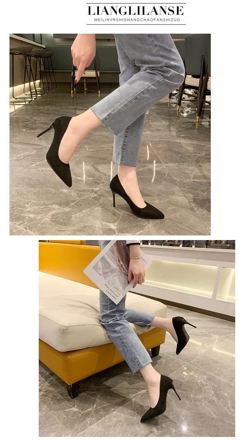 Primavera e outono novos sapatos femininos de salto alto preto, boca rasa pontiaguda fina com temperamento sexy, sapatos únicos, Zapatos De Mujer