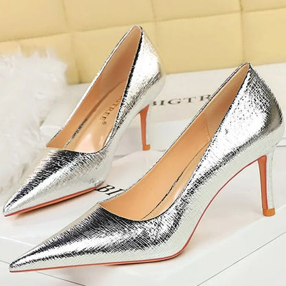 Spring Autumn New Women 7cm High Heels Fashion Retro Holiday Party Pumps Lady Gold Silver Daily Office Pointed Toe Low Heels
