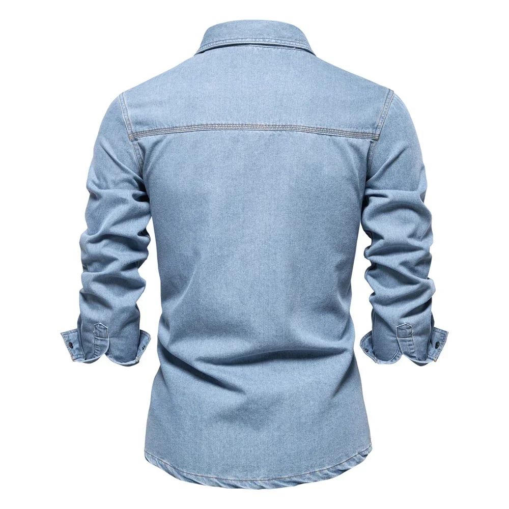 New Autumn 100% Cotton Men's Denim Shirts Solid Color Long Sleeve Cowboy Jean T-Shirt Coat Fashion Casual Fit Shirts for Men