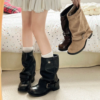 Vintage Thick Heel Women Western Cowboy Boots Fashion Belt Buckle Slip On Shoes Ladies Pleated Short Booties Autumn Winter