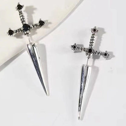 Brincos de pino de espada cruzada de Hip Hop para mulheres Clássico Pedra de cristal preta Ouro prata Boi Cor preta Personalidade Joias simples