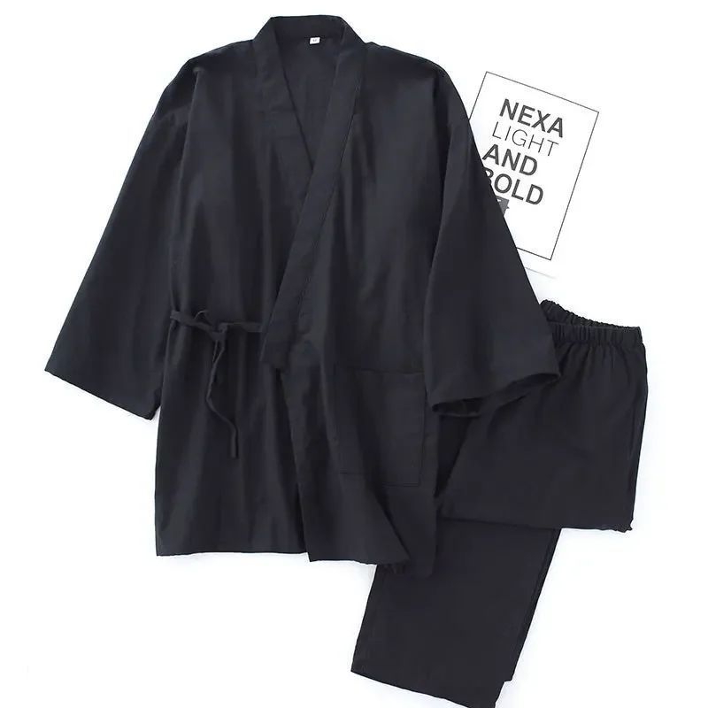 Men's Cotton Kimono Robes Pajamas Clothes Thin Spring and Autumn Black and Navy Colors Home Clothes Loose Casual Men Robe Sets