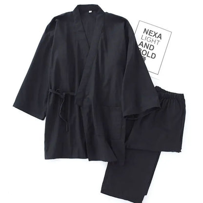 Men's Cotton Kimono Robes Pajamas Clothes Thin Spring and Autumn Black and Navy Colors Home Clothes Loose Casual Men Robe Sets