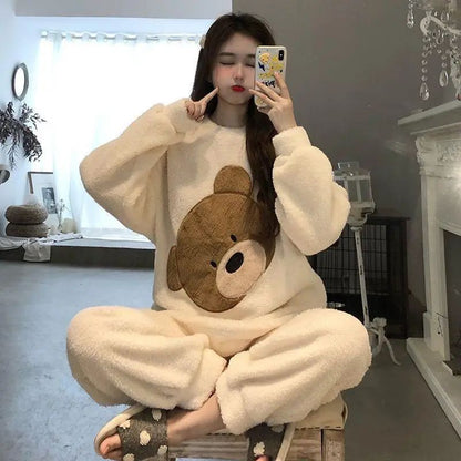 Thickened Warm Women Winter Two Pieces Set Flannel Homewear Pajamas O-Neck Loose Cute Cartoon Bear Ladies Sleepwear Loungewear