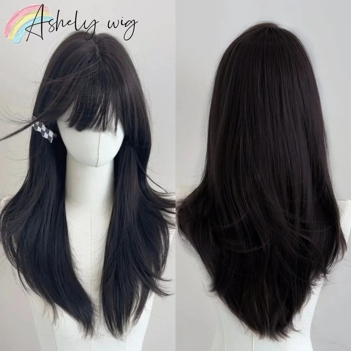 Peruca Ashely Roxo Escuro Feminina 55 cm Cabelo Longo Franja Cortina Camadas Liso Natural Cabelo Sintético Cosplay Perucas Lolita