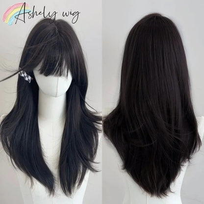 Peruca Ashely Roxo Escuro Feminina 55 cm Cabelo Longo Franja Cortina Camadas Liso Natural Cabelo Sintético Cosplay Perucas Lolita