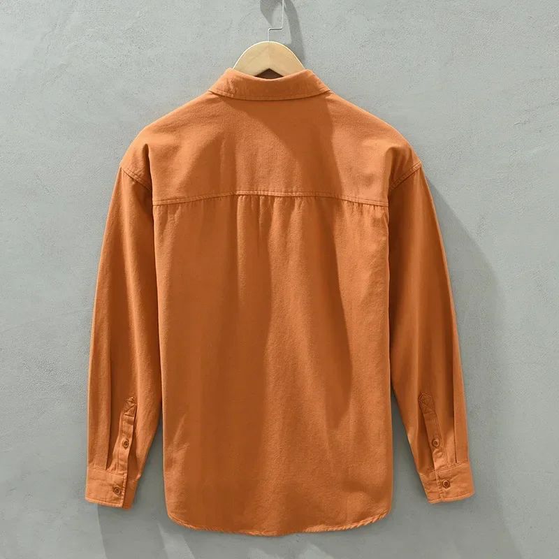 Cargo Shirt Men Spring Autumn Double Pocket Long Sleeve Shirts Male Casual Pure Cotton Orange Shirt Japanese Fashion Loose Shirt