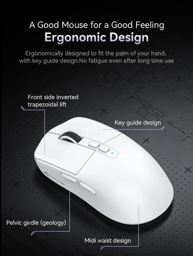Attack Shark X6 Wireless Ergonomic Gaming Mouse Adjustable DPI Wired 2.4G/Bluetooth High Precision Rechargeable Mice