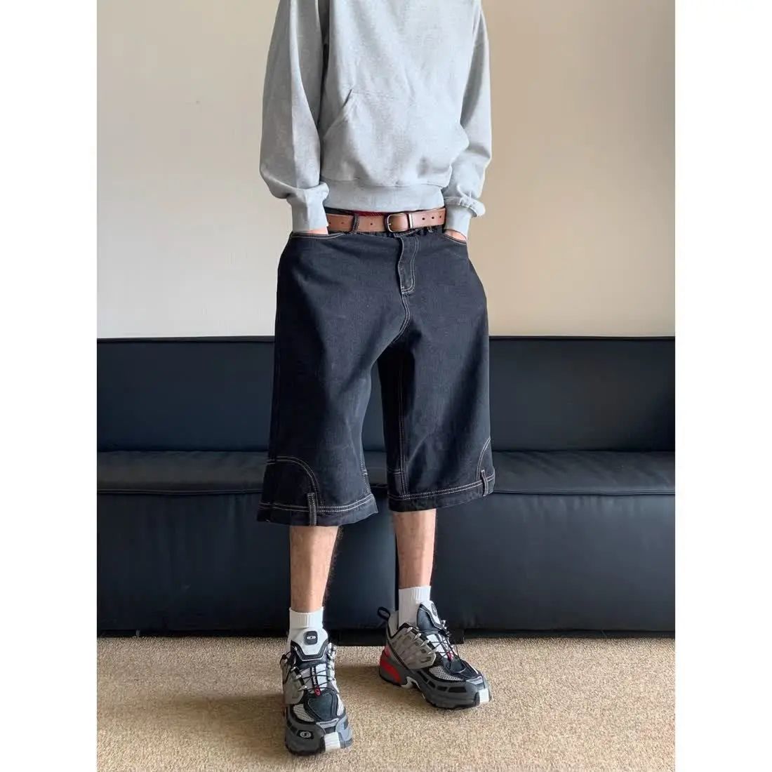 Hip Hop Retro Waist Inverted Design Men Denim Shorts Instagram Gothic Street Apparel Loose Straight Leg Pants Sports Pants