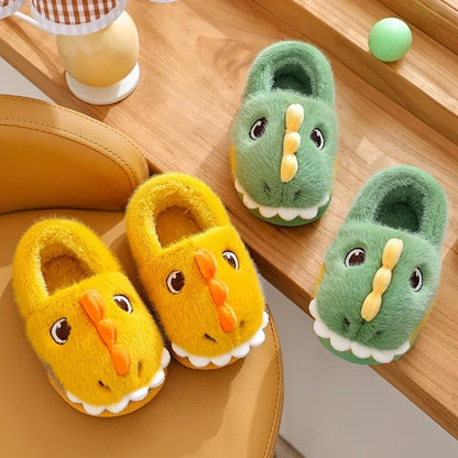 Cute Cartoon Dinosaur Children Plush Slippers Soft Sole Non-slip Winter Warm Baby Boys Girls Indoor Home Heel Wrap Cotton Shoes